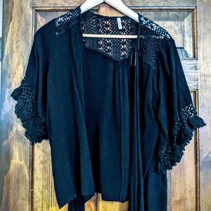 Black Linen Crochet Accent Open Maternity Cardigan
